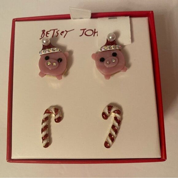 BETSEY JOHNSON NEW EARRINGS GIFT SET BOX 2 PAIR RED CANDY CANE BLING PIGS PINK - Picture 2 of 4